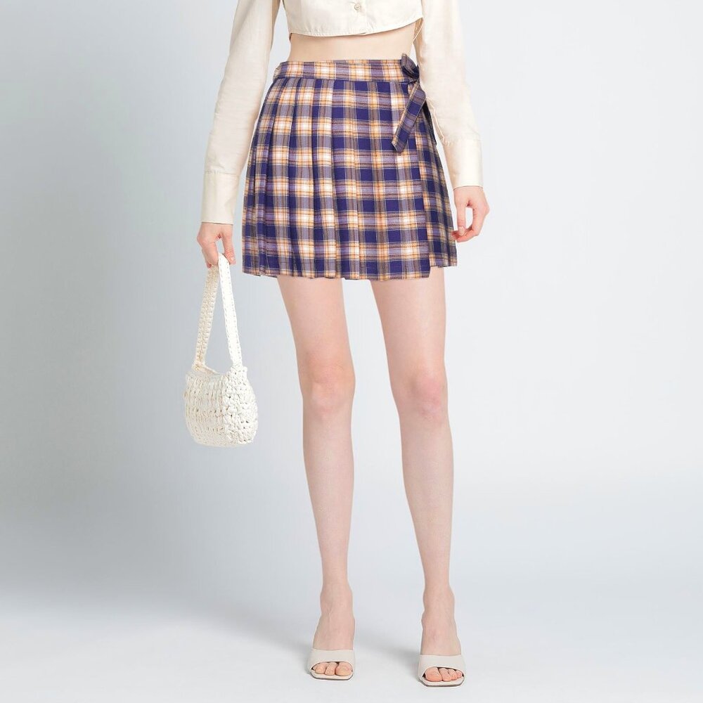 VICOLO uniform style plaid pleated mini skirt purple and gold